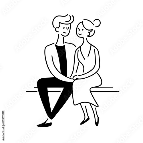 Minimalist illustration of romantic couple sitting,  Simple line art of a loving couple sitting close together on a bench, representing affection, intimacy, and connection.

