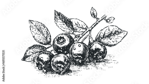 Ink sketch of ripe blueberries on a branch with leaves, isolated. Vector hand drawn illustration