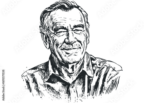 Elderly man portrait, ink sketch, transparent. Vector hand drawn illustration