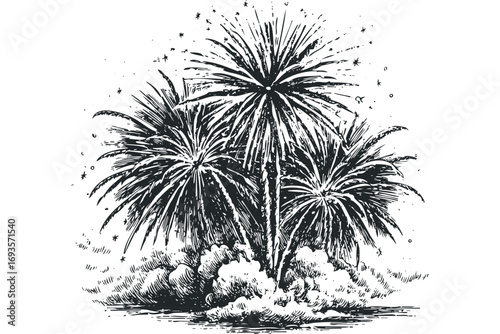 Black and white sketch of bursting fireworks over smoke. Vector hand drawn illustration
