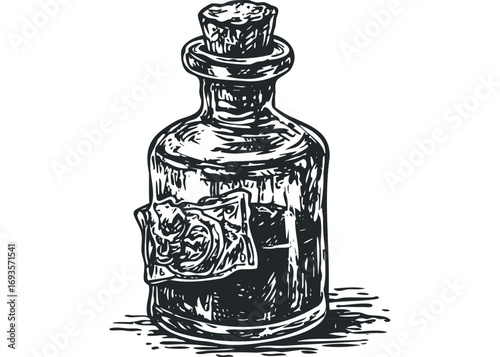 Sketch of a Corked Glass Bottle with Wax Seal Image. Vector hand drawn illustration