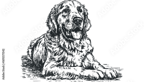 Pen and ink drawing of a Golden Retriever dog resting on textured ground. Vector hand drawn illustration