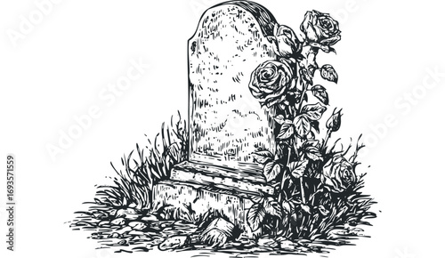 Tombstone with Roses Image. Vector hand drawn illustration
