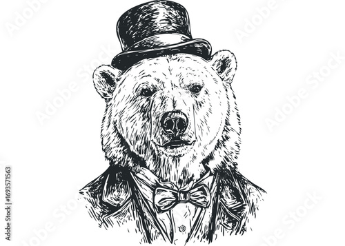 Anthropomorphic bear wearing a tuxedo and top hat. Vector hand drawn illustration