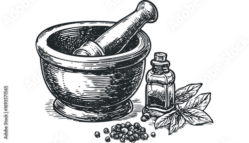 Line drawing of mortar and pestle with spice peppercorns and oil vial. Vector hand drawn illustration