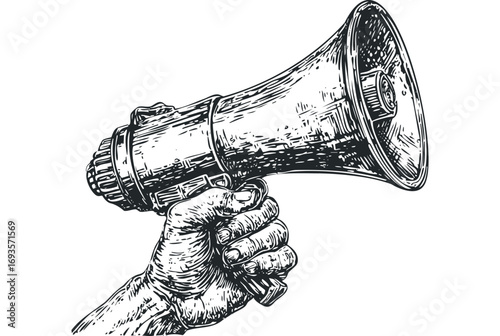 Hand holding megaphone on transparent background. Vector hand drawn illustration