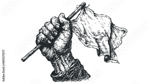 Hand holding a tattered white flag on a transparent. Vector hand drawn illustration