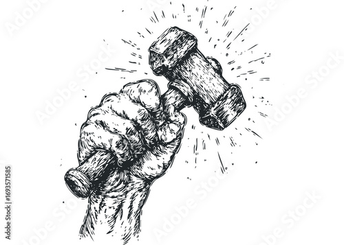 Hand holding a gavel with radiating lines. Vector hand drawn illustration