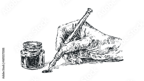 Hand holding quill pen and inkwell image. Vector hand drawn illustration