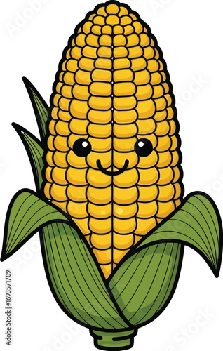 Cute cartoon corn cob with a happy face and green leaves on a white background