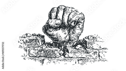 Fist emerging from broken wall in graphic pen and ink style. Vector hand drawn illustration