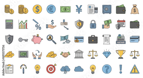 A large collection of colorful hand-drawn doodle icons representing finance, business, and money concepts.