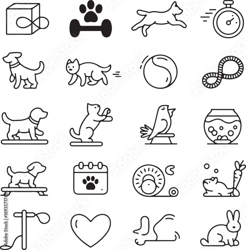 Collection of Pet Related Icons and Symbols in Black and White Line Art animal rabbit