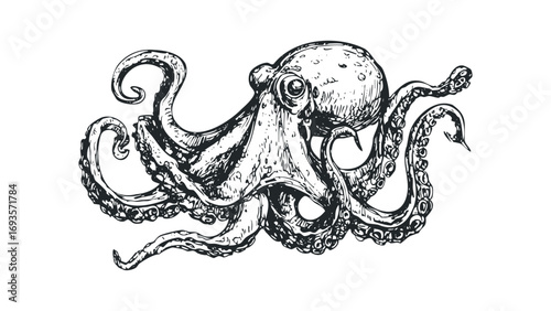 Hand drawn sketch of an octopus with tentacles spread, isolated on white. Vector hand drawn illustration
