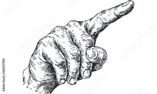 Hand pointing gesture line art on transparent background. Vector hand drawn illustration
