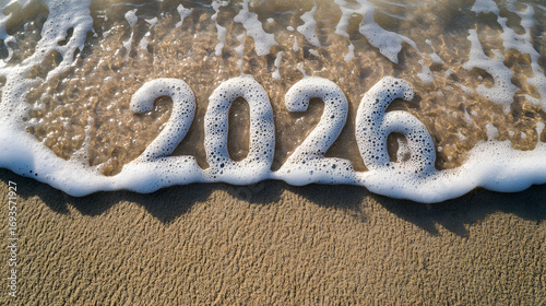 New Year 2026 background on the sand on the beach background. New Year background illustration.