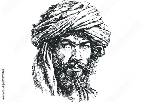 Man with Turban and Beard Hand Drawn Sketch. Vector hand drawn illustration