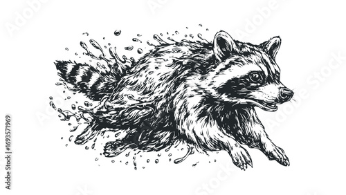 Dynamic Raccoon Running Through Water Splashes Image. Vector hand drawn illustration