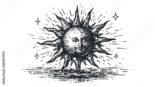 Sun with face rising over water. Vector hand drawn illustration