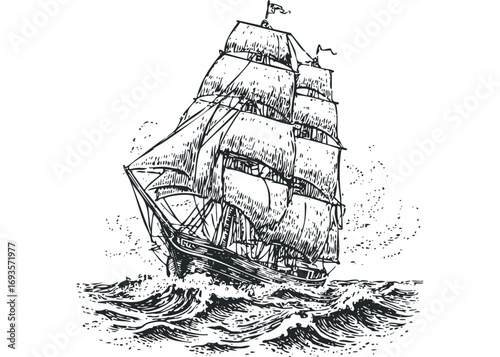 Tall sailing ship with full sails navigates choppy ocean waves. Vector hand drawn illustration