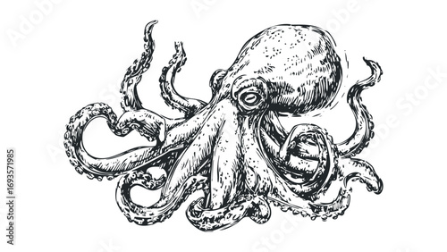 Ink sketch of an octopus with detailed tentacles on transparent background. Vector hand drawn illustration