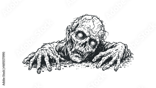 Scary zombie head and hands emerging from ground. Vector hand drawn illustration