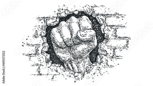 Hand fist breaking through textured wall in graphic style. Vector hand drawn illustration
