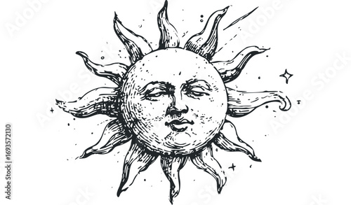 Whimsical sun face with rays and starbursts, graphic element. Vector hand drawn illustration