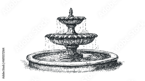 Ornate tiered fountain with cascading water, sketched line drawing. Vector hand drawn illustration