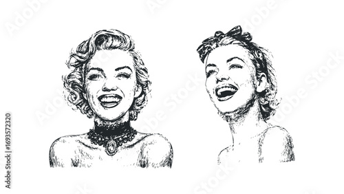 Line drawing portrait of a woman with curly hair and open smile,. Vector hand drawn illustration