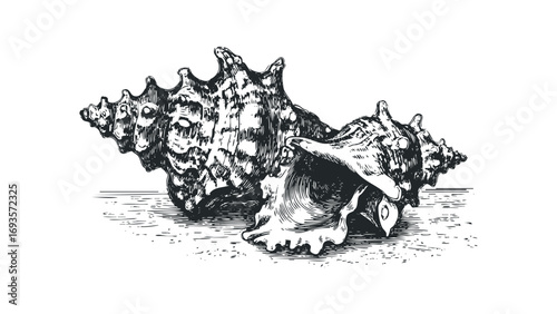 Two intricately detailed conch shells rendered in a classic etching style on a transparent background. Vector hand drawn illustration