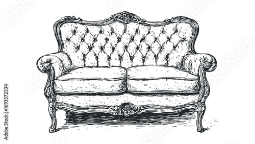 Ornate tufted sofa sketch with transparent background. Vector hand drawn illustration
