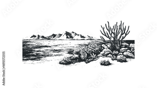 Desert landscape with mountains, water, rocks, and dry brush. Vector hand drawn illustration