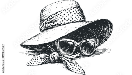 Hand Drawn Sketch of Vintage Wide Brim Hat and Sunglasses. Vector hand drawn illustration