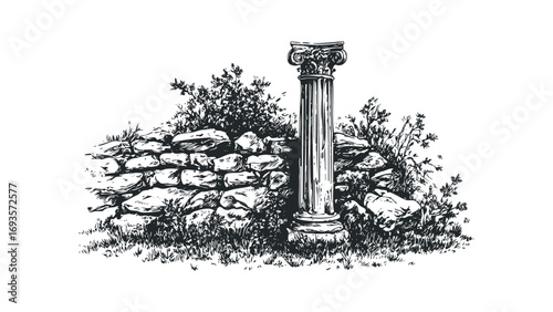 Ancient Greek Ionic Column Fragment with Stone Wall and Overgrowth. Vector hand drawn illustration