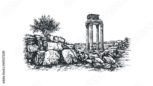 Ancient stone ruins with columns and a tree on transparent background. Vector hand drawn illustration