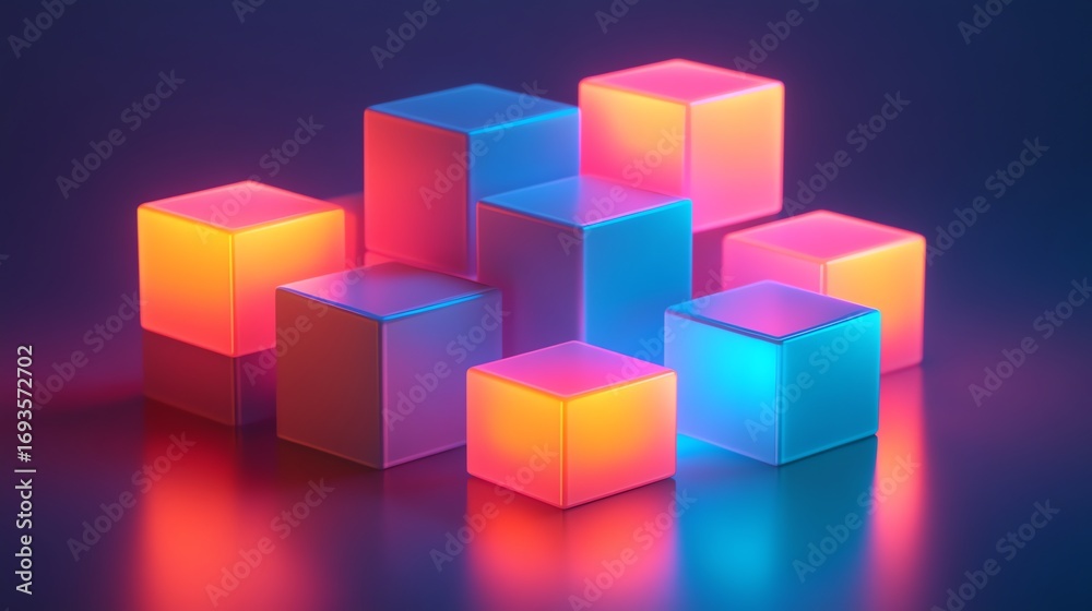 Fototapeta premium Colorful Glowing Cubes on Dark Background Modern Neon Light Art
