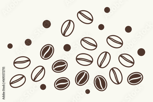 Scattered Coffee Beans and Dots on White Background