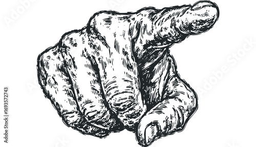 Hand pointing directly at viewer ink sketch. Vector hand drawn illustration