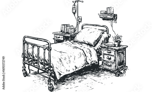 Hospital room sketch with medical equipment and bed. Vector hand drawn illustration