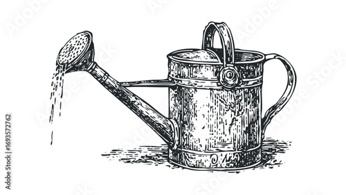 Vintage watering can with water pouring from spout. Vector hand drawn illustration