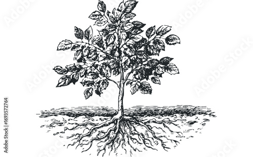 Monochromatic illustration of a leafy tree with exposed roots on a transparent background. Vector hand drawn illustration