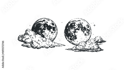 Moon and Clouds Image with Transparent Background. Vector hand drawn illustration