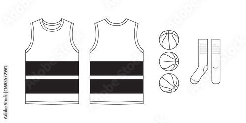 T-shirt flat basketball template jersey mockup outline isolated sport background clothing tee flat sketch