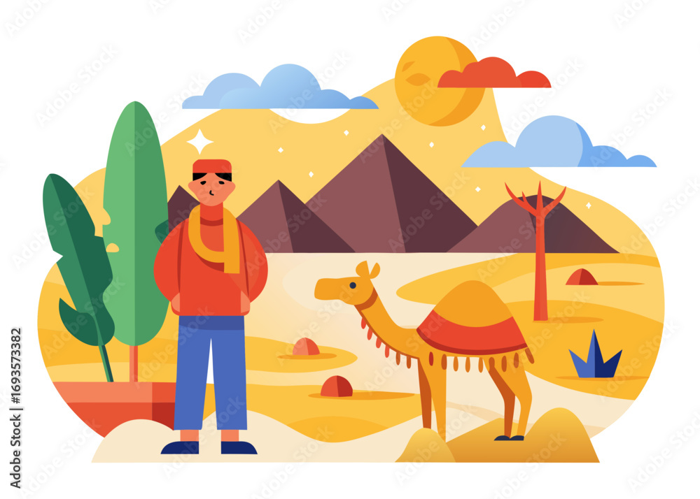 Fototapeta premium Solo Traveler in Desert with Camel Illustration