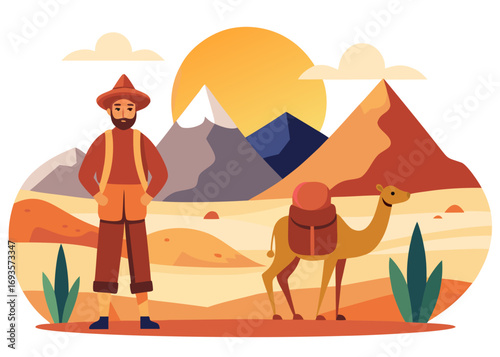 Solo Traveler in Desert with Camel Illustration