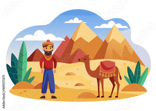 Solo Traveler in Desert with Camel Illustration