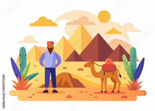 Solo Traveler in Desert with Camel Illustration