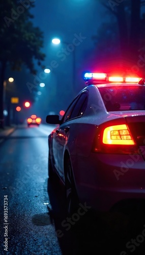 Dramatic low-angle shot of a police car's flashing lights during an arrest, highlighting the intensity of the law enforcement action Sirens are faintly visible , red lights, serious