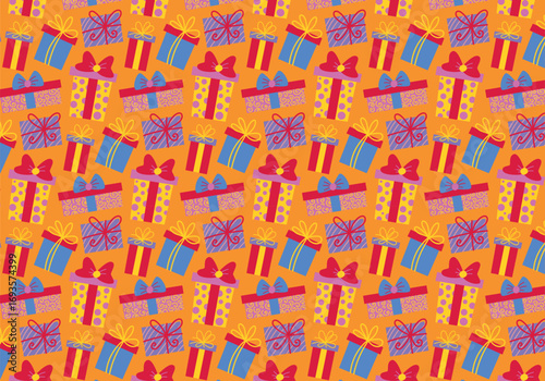 Seamless pattern in retro cartoon style in orange background. Party decor with colorful gift boxes of different shapes with bows. Parties, gifts, greetings, bithday, festival, carnival, holiday, ect.